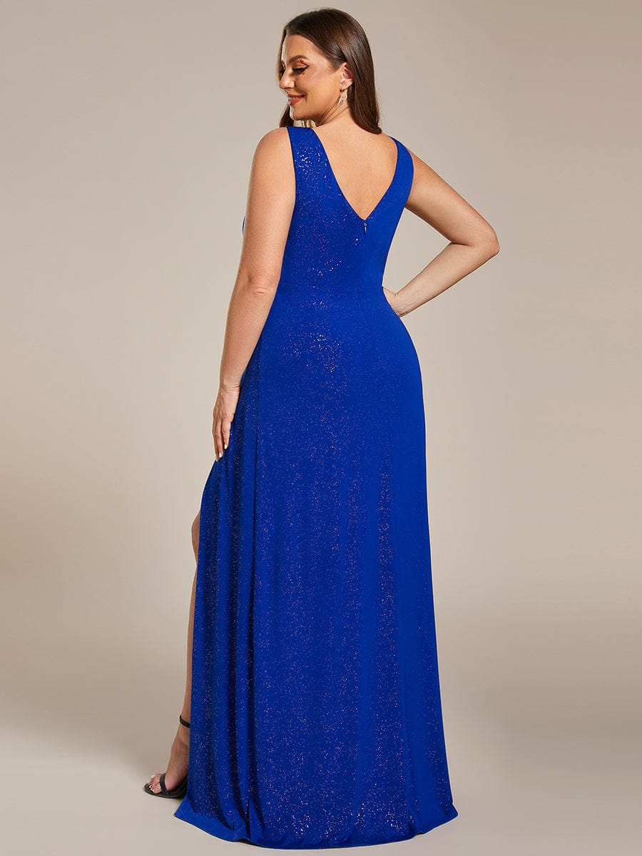 Plus Size Shiny V Neck Side Slit Maxi Dress #color_Sapphire Blue