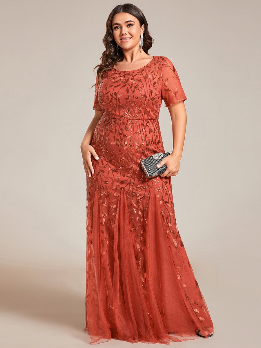 Plus Size Bodycon Sequin Tulle Maxi Dress #color_Burnt Orange