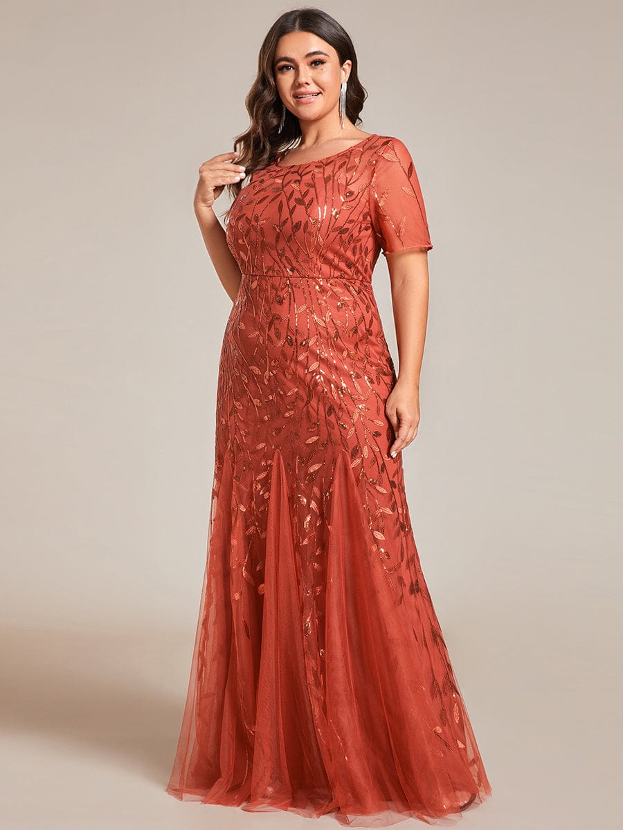 Plus Size Bodycon Sequin Tulle Maxi Dress #color_Burnt Orange