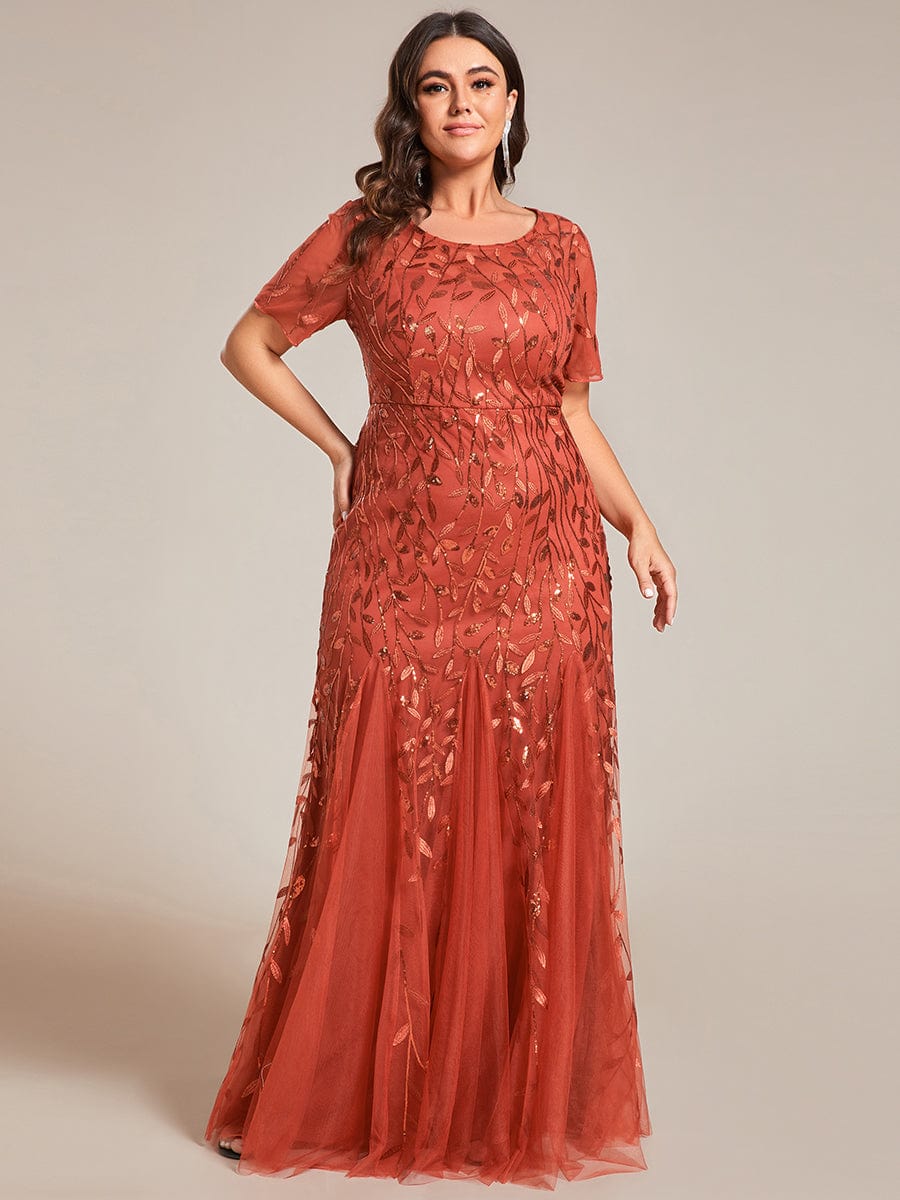 Plus Size Bodycon Sequin Tulle Maxi Dress #color_Burnt Orange