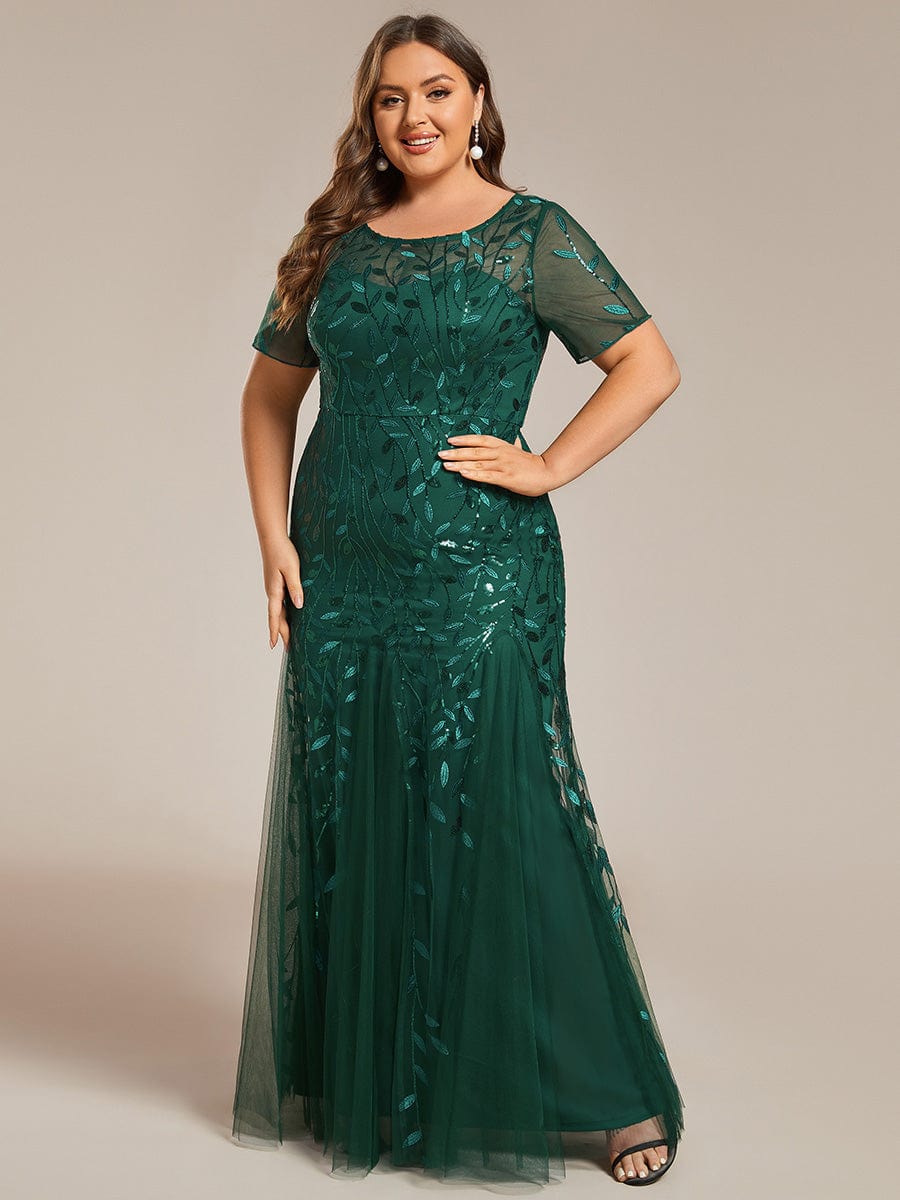 Plus Size Bodycon Sequin Tulle Maxi Dress #color_Dark Green