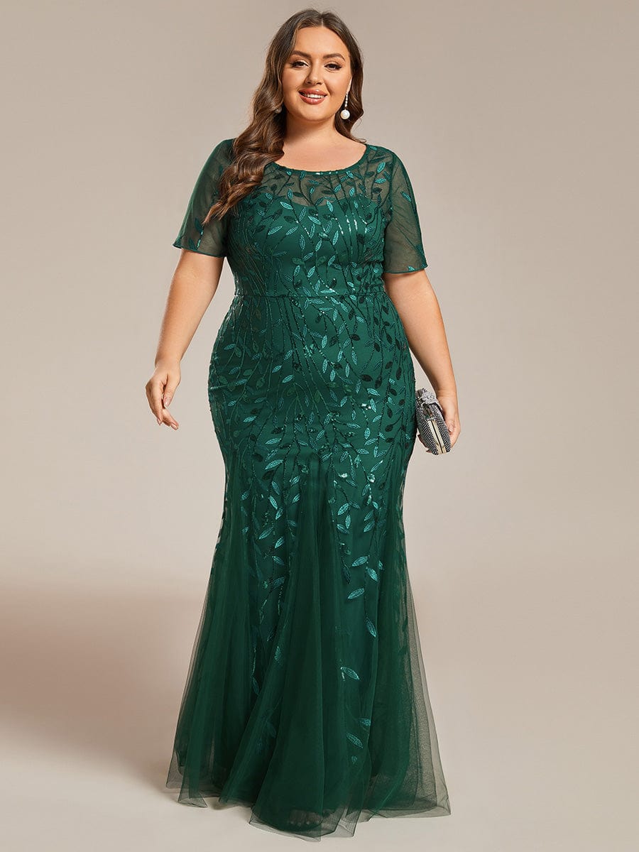 Plus Size Bodycon Sequin Tulle Maxi Dress #color_Dark Green