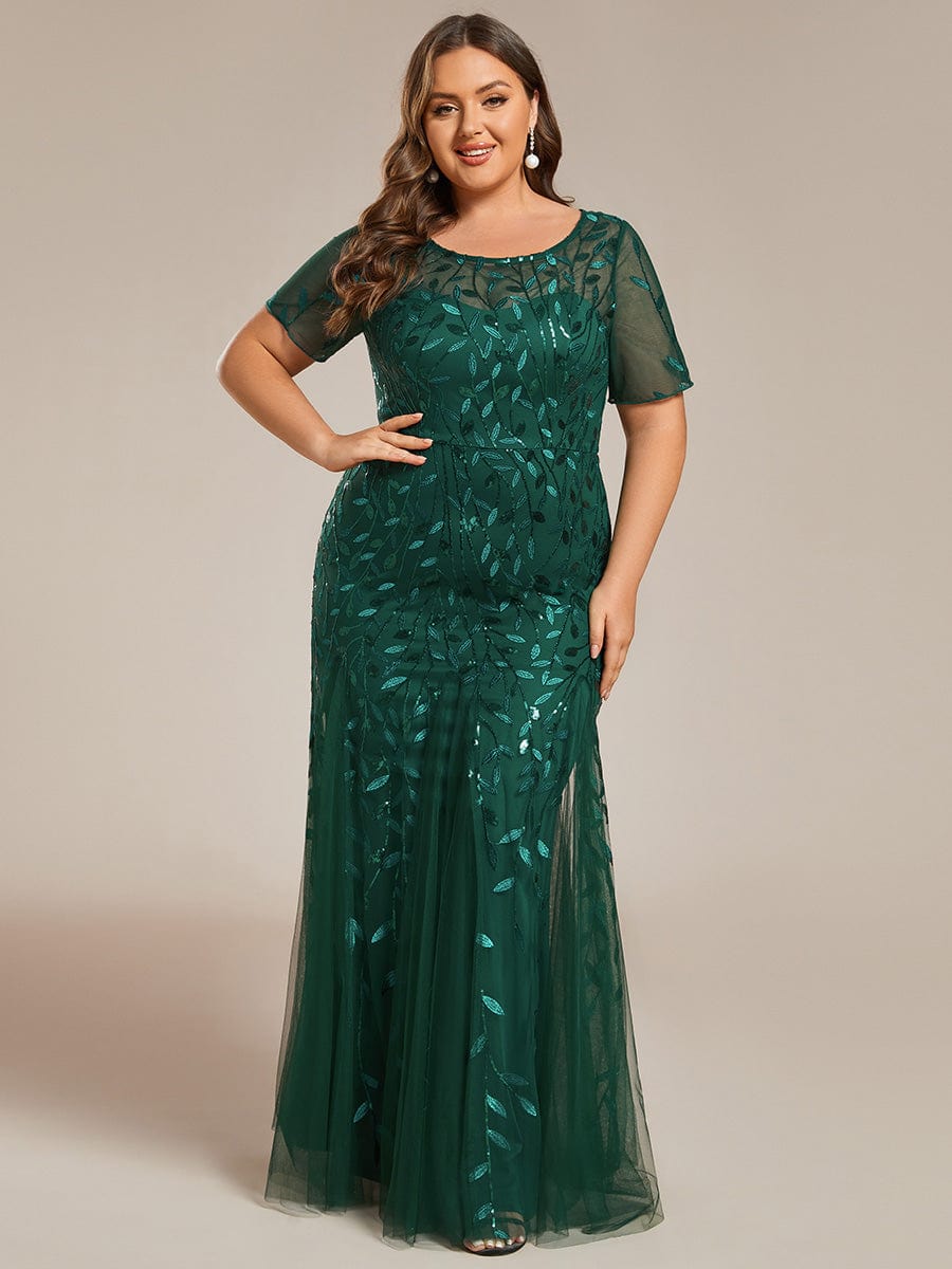 Plus Size Bodycon Sequin Tulle Maxi Dress #color_Dark Green