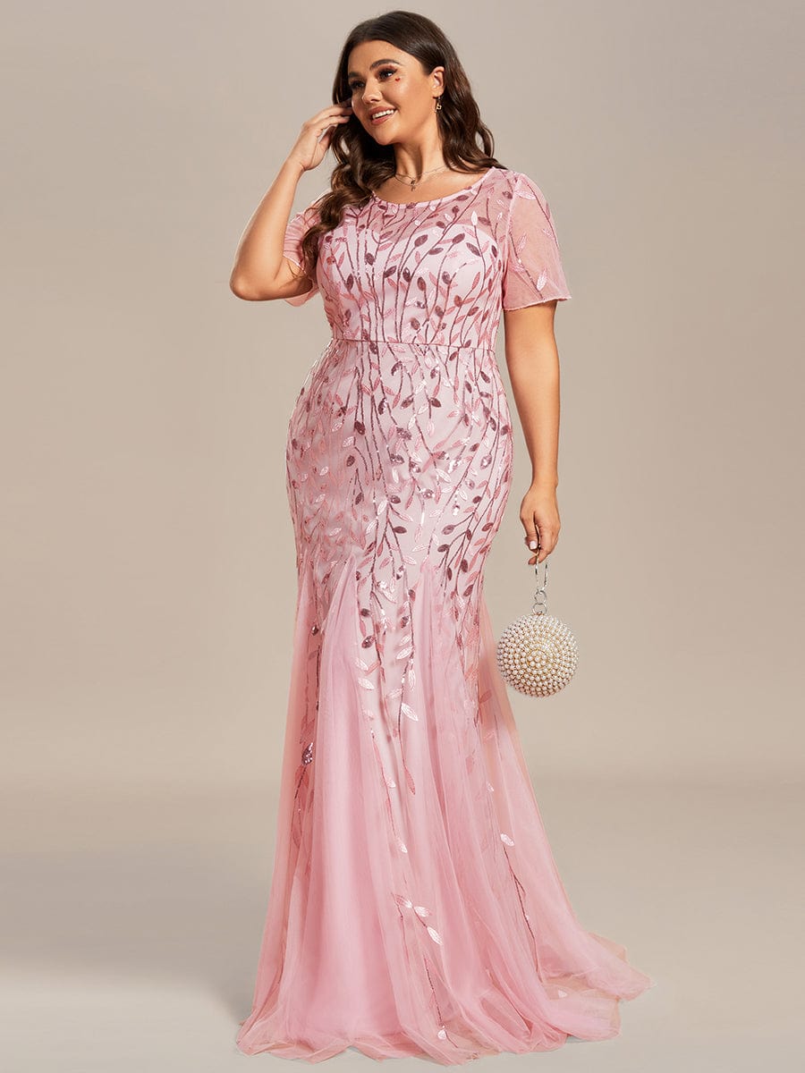 Plus Size Bodycon Sequin Tulle Maxi Dress #color_Pink