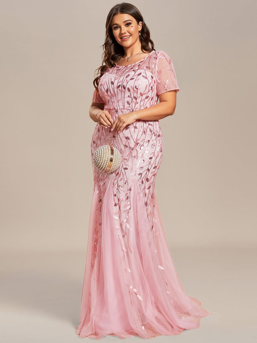 Plus Size Bodycon Sequin Tulle Maxi Dress #color_Pink