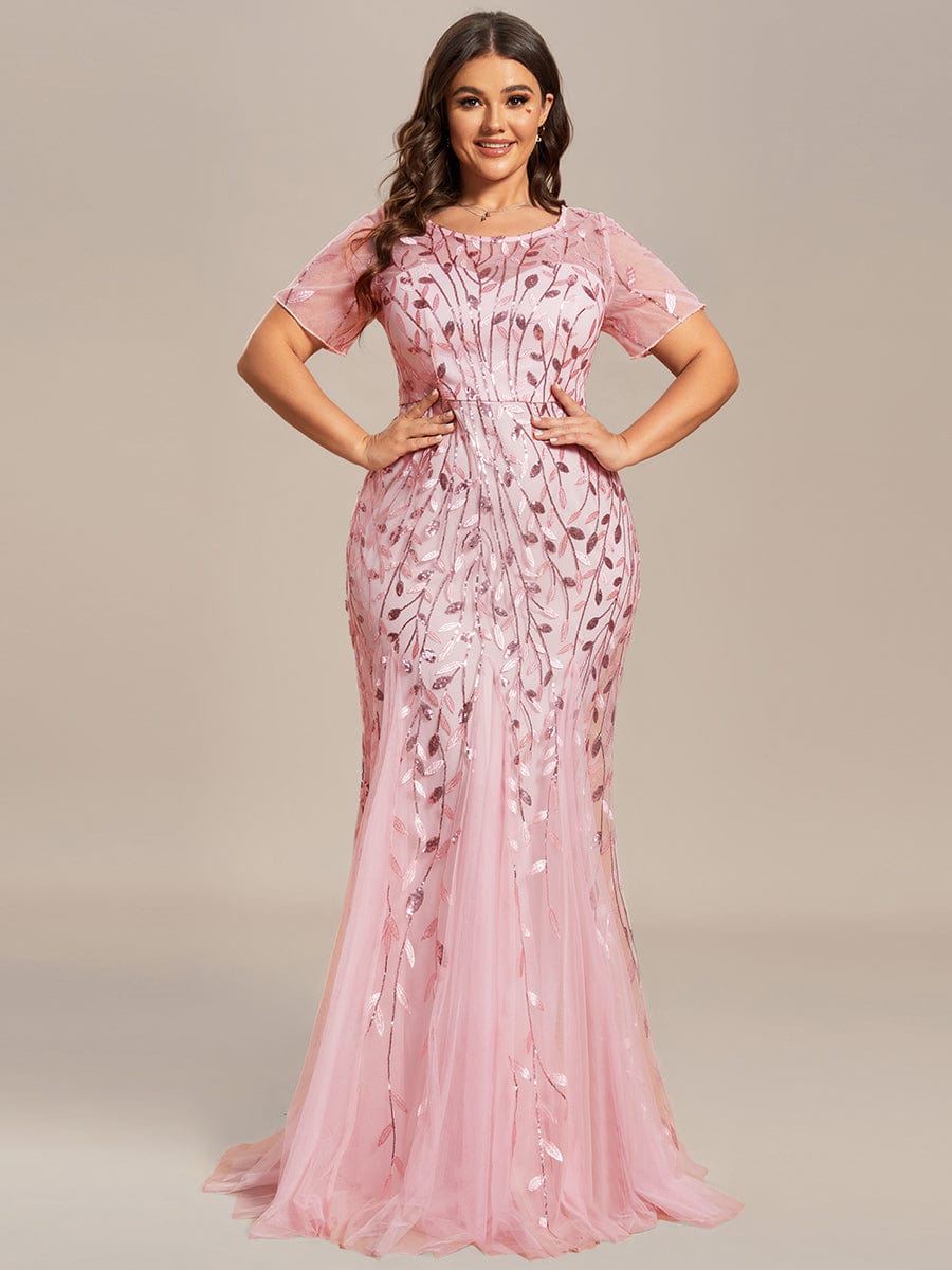 Plus Size Bodycon Sequin Tulle Maxi Dress #color_Pink