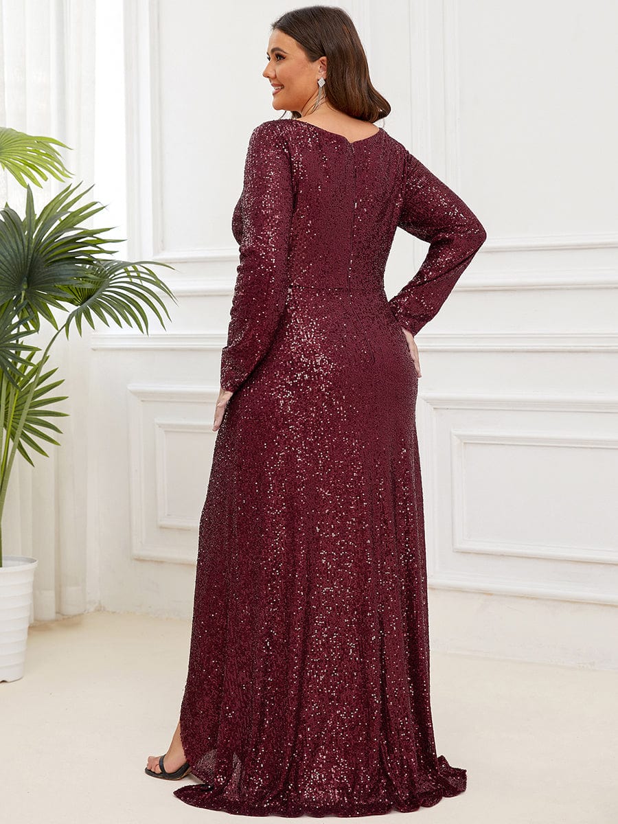 Plus Size Sequin V-Neck Dress #color_Burgundy