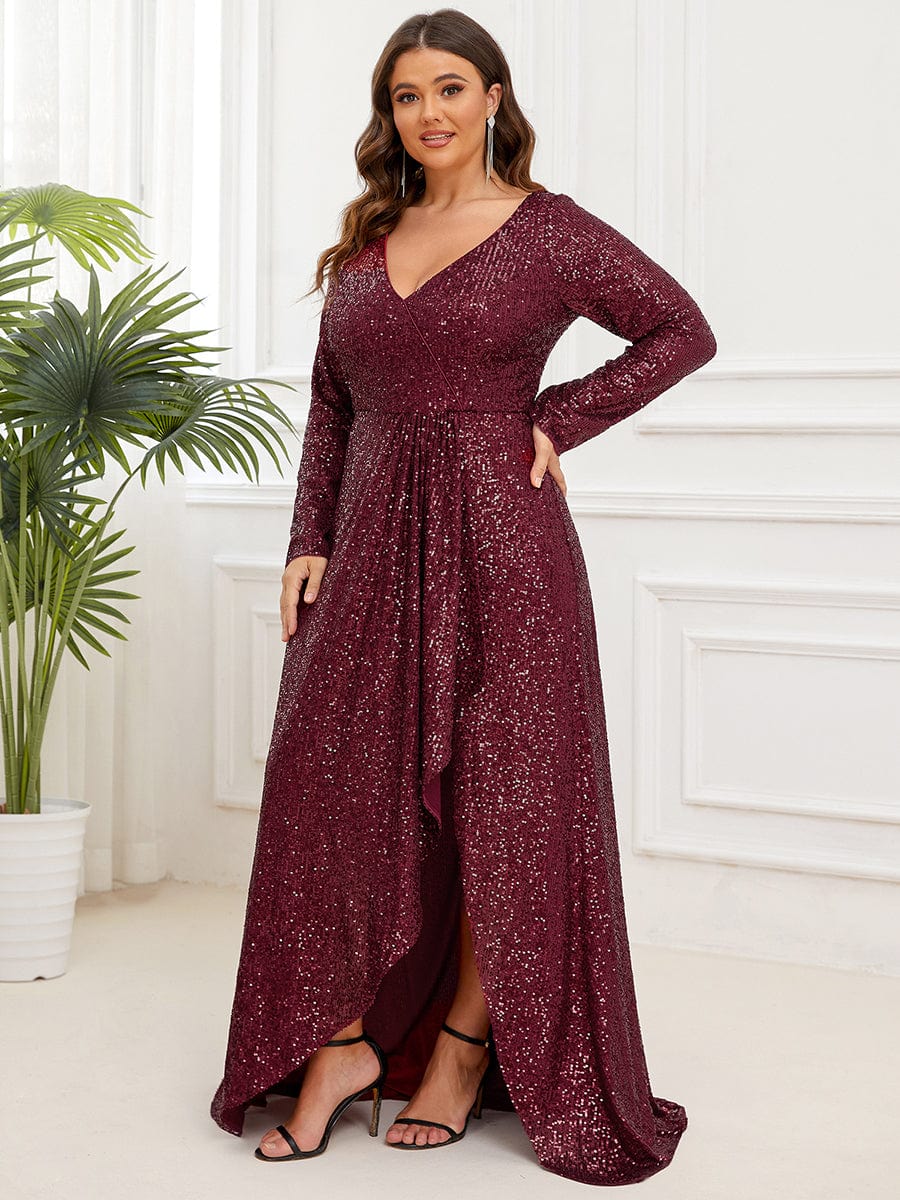 Plus Size Sequin V-Neck Dress #color_Burgundy