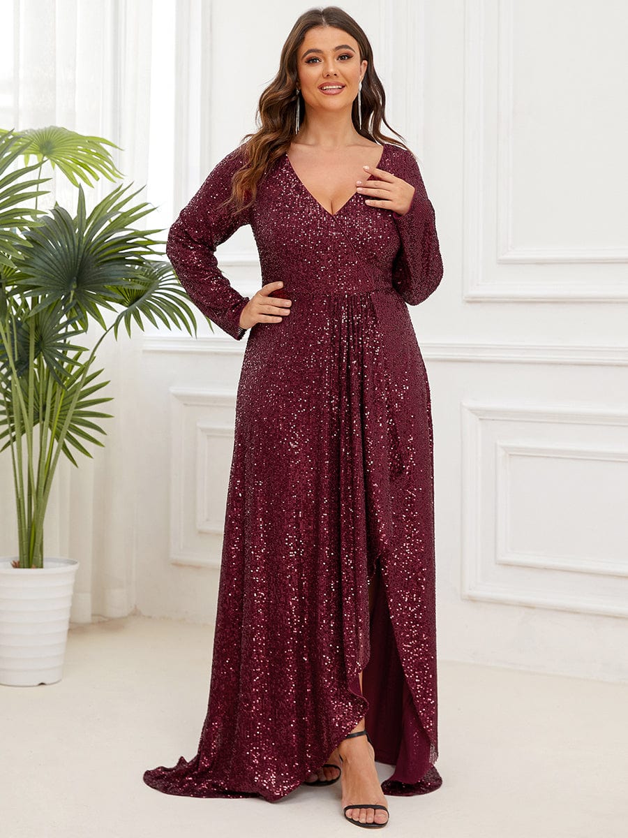 Plus Size Sequin V-Neck Dress #color_Burgundy