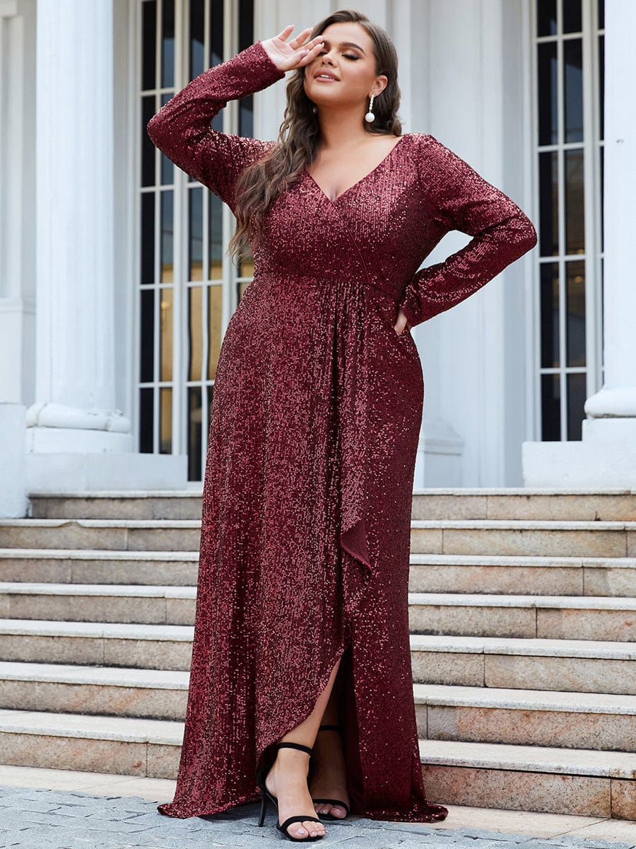 Plus Size Sequin V-Neck Dress #color_Burgundy