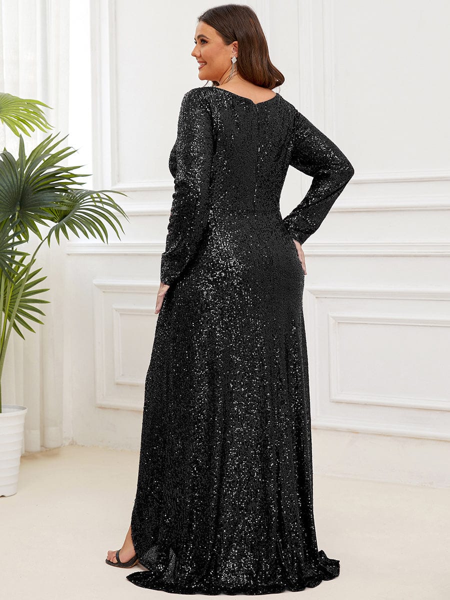 Plus Size Sequin V-Neck Dress #color_Black