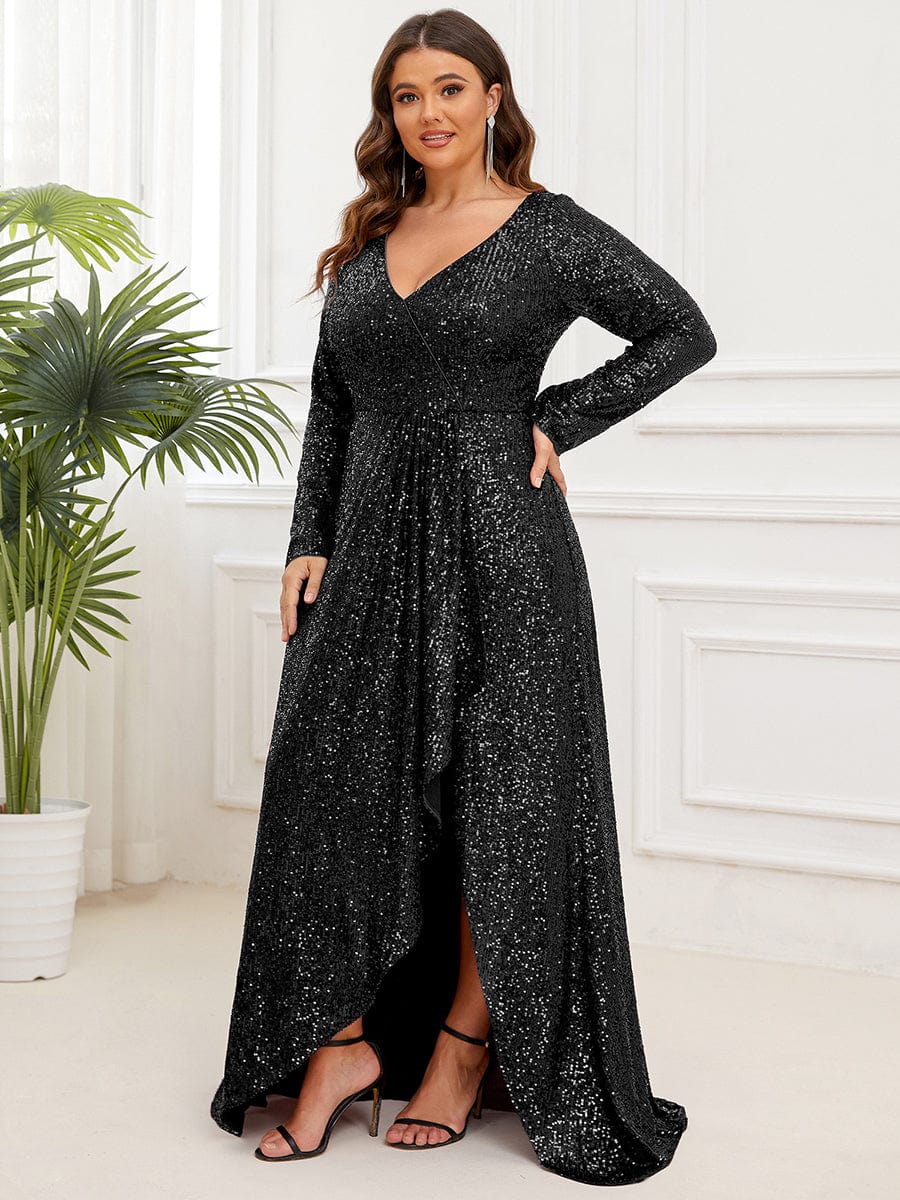 Plus Size Sequin V-Neck Dress #color_Black