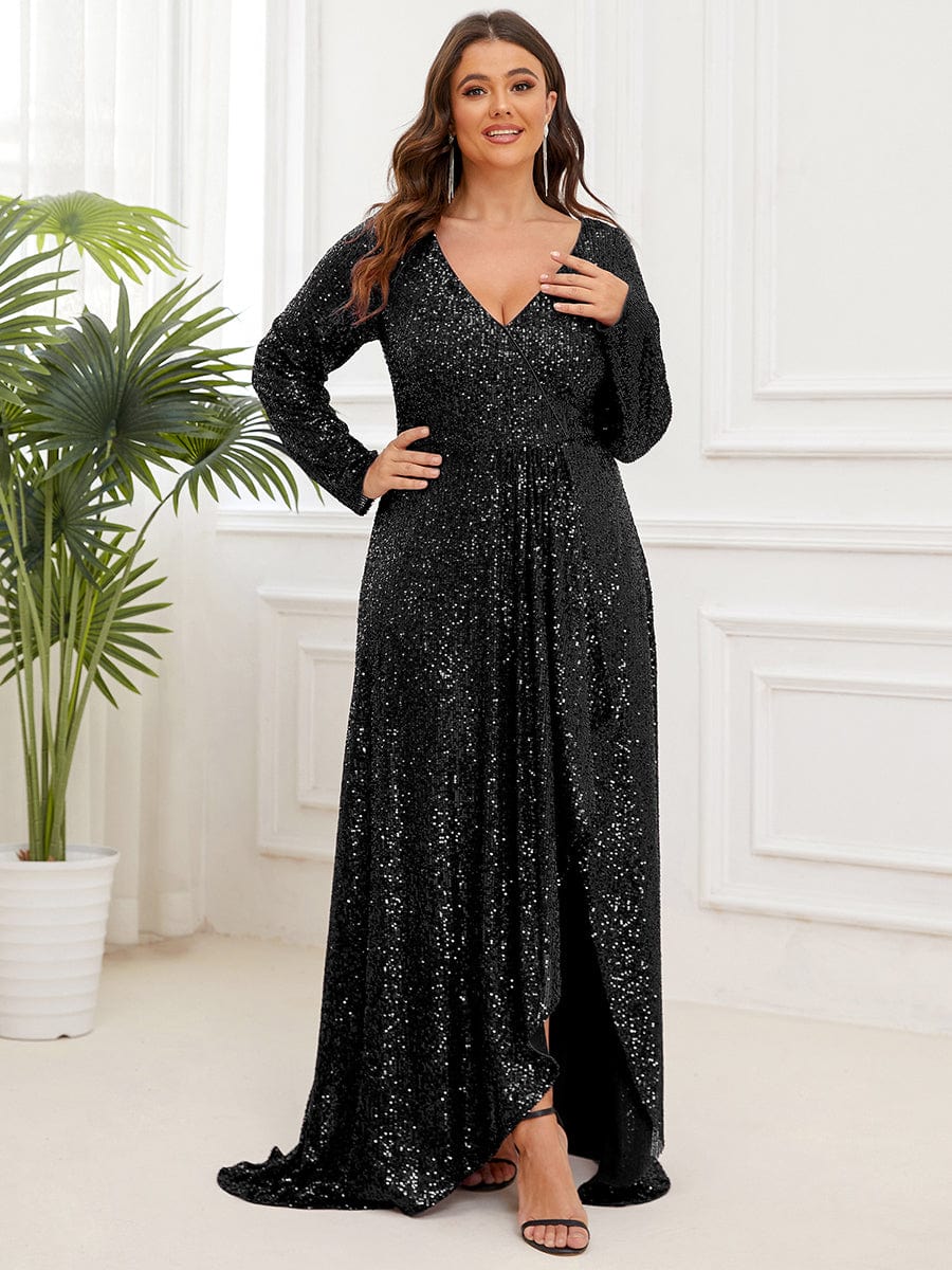 Plus Size Sequin V-Neck Dress #color_Black