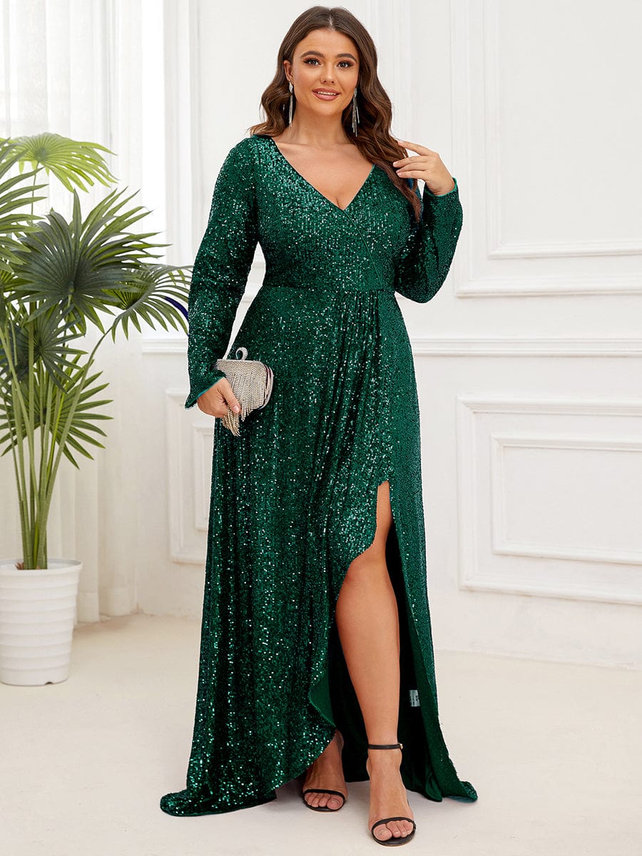 Plus Size Sequin V-Neck Dress #color_Dark Green