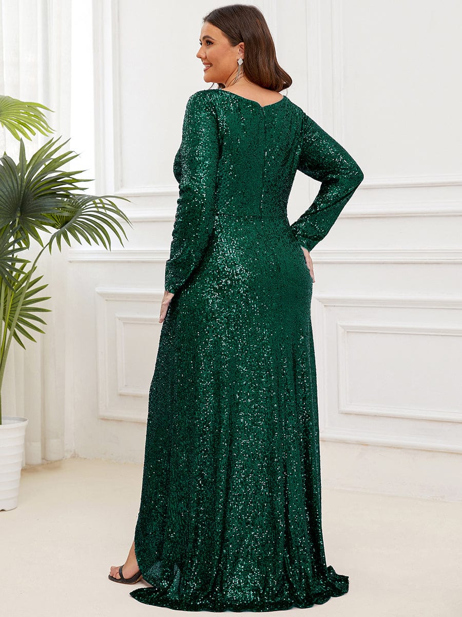 Plus Size Sequin V-Neck Dress #color_Dark Green