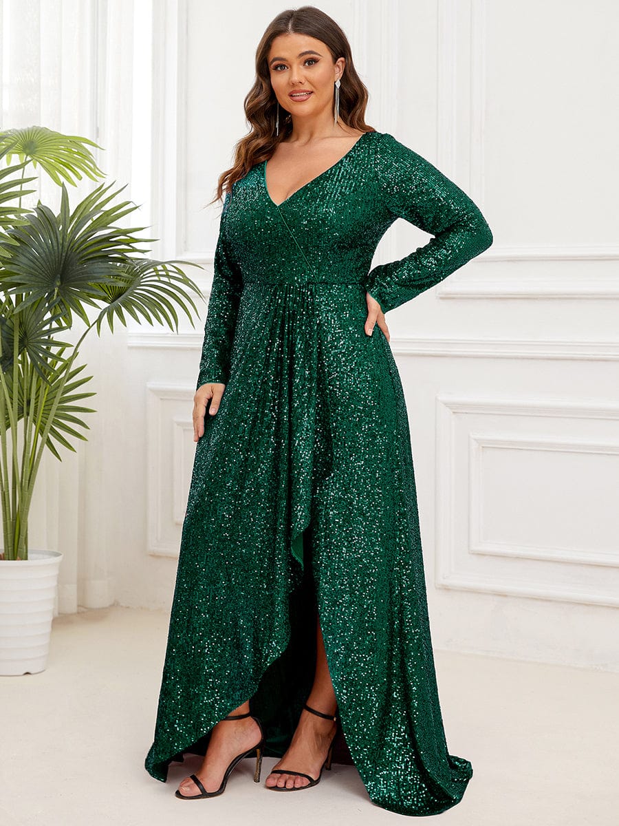 Plus Size Sequin V-Neck Dress #color_Dark Green