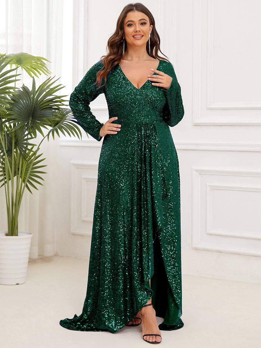 Plus Size Sequin V-Neck Dress #color_Dark Green