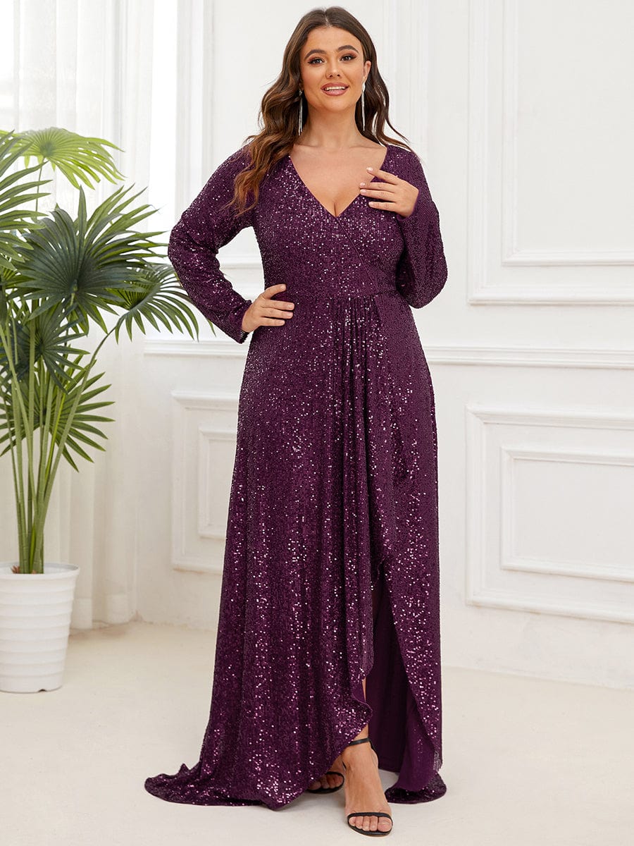 Plus Size Sequin V-Neck Dress #color_Dark Purple