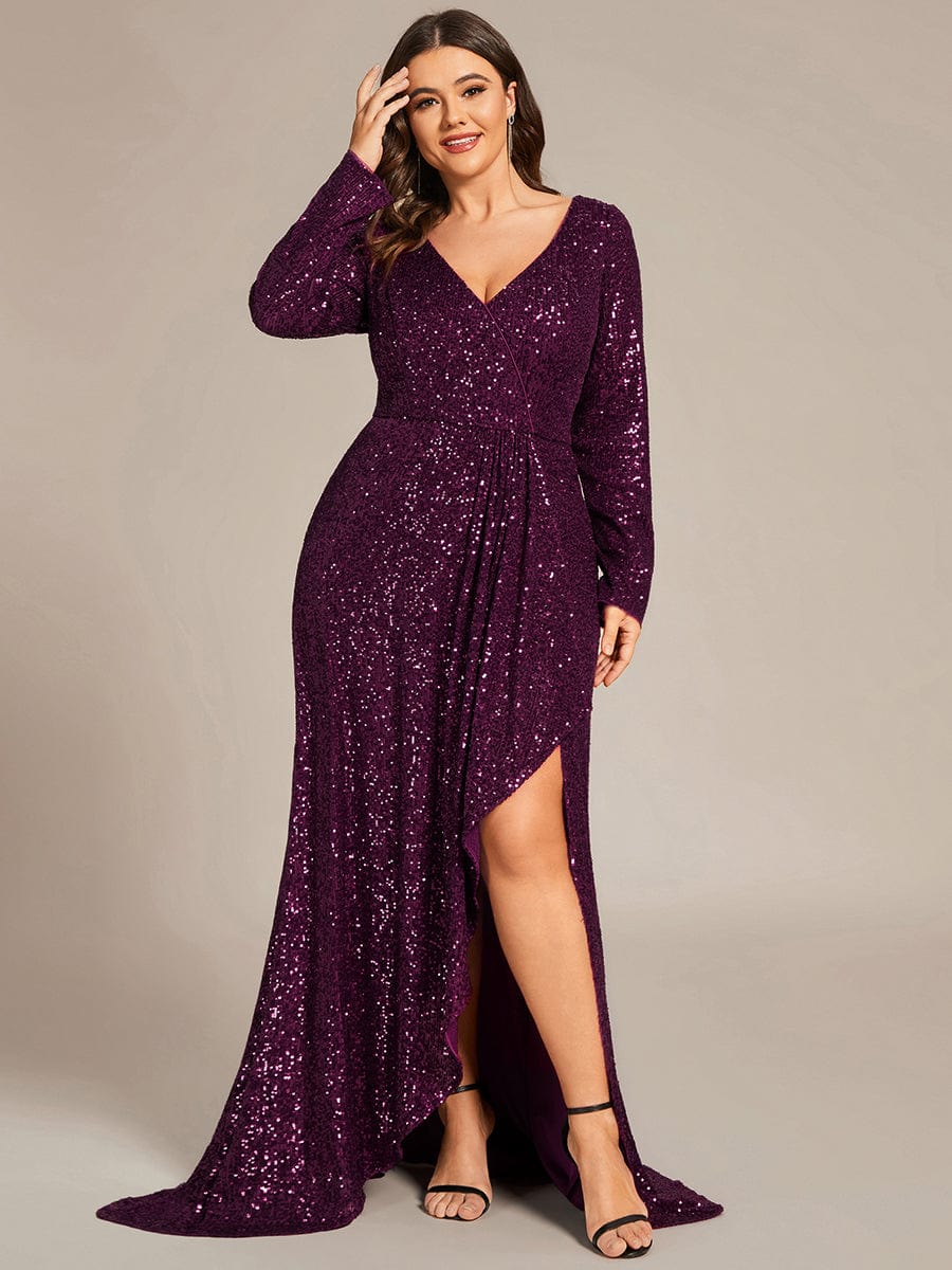 Plus Size Sequin V-Neck Dress #color_Dark Purple