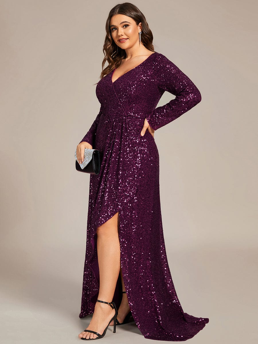 Plus Size Sequin V-Neck Dress #color_Dark Purple