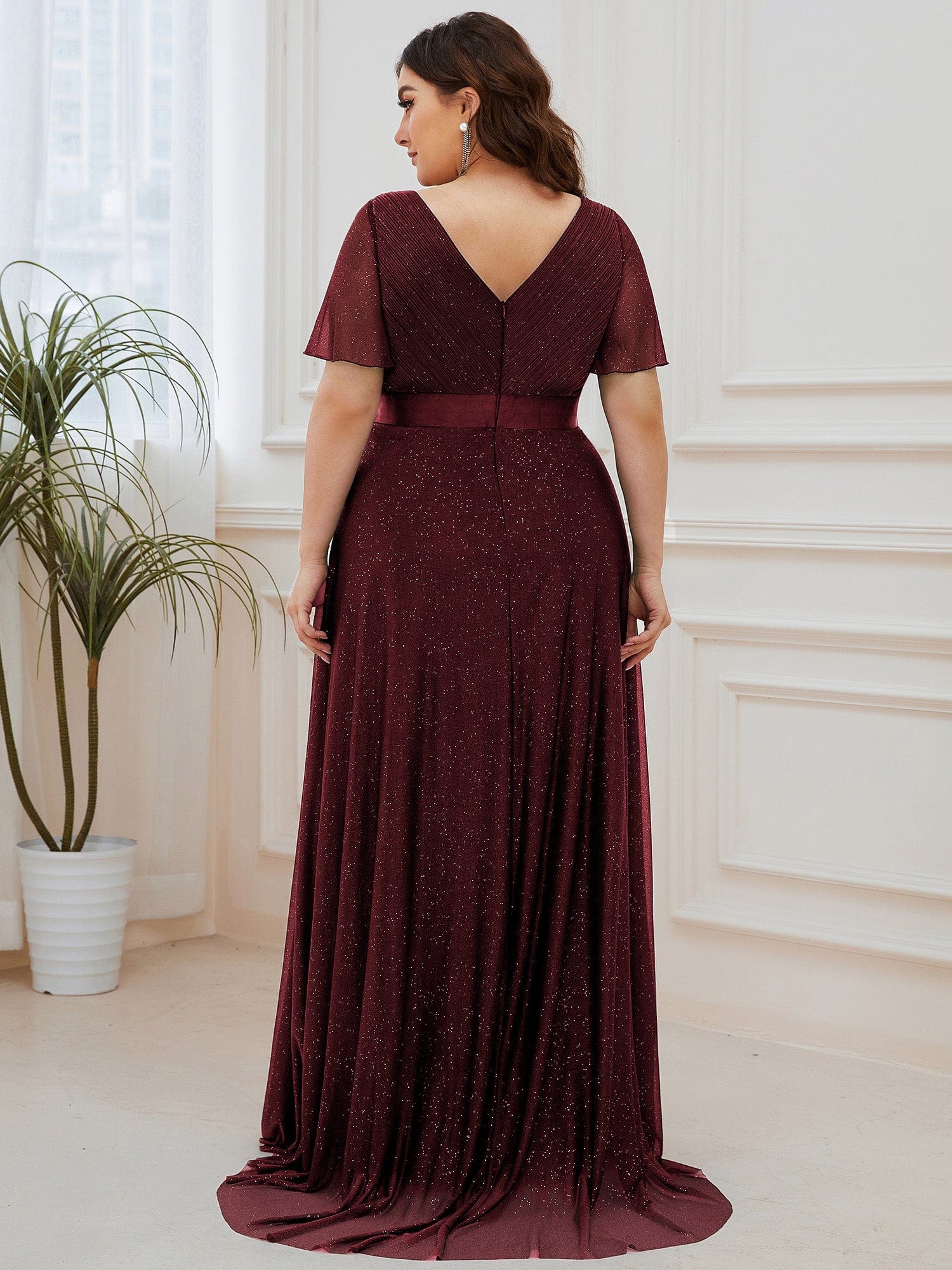 Plus Size V-Neck Satin Ribbon Waist Glitter Maxi Dress #color_Burgundy