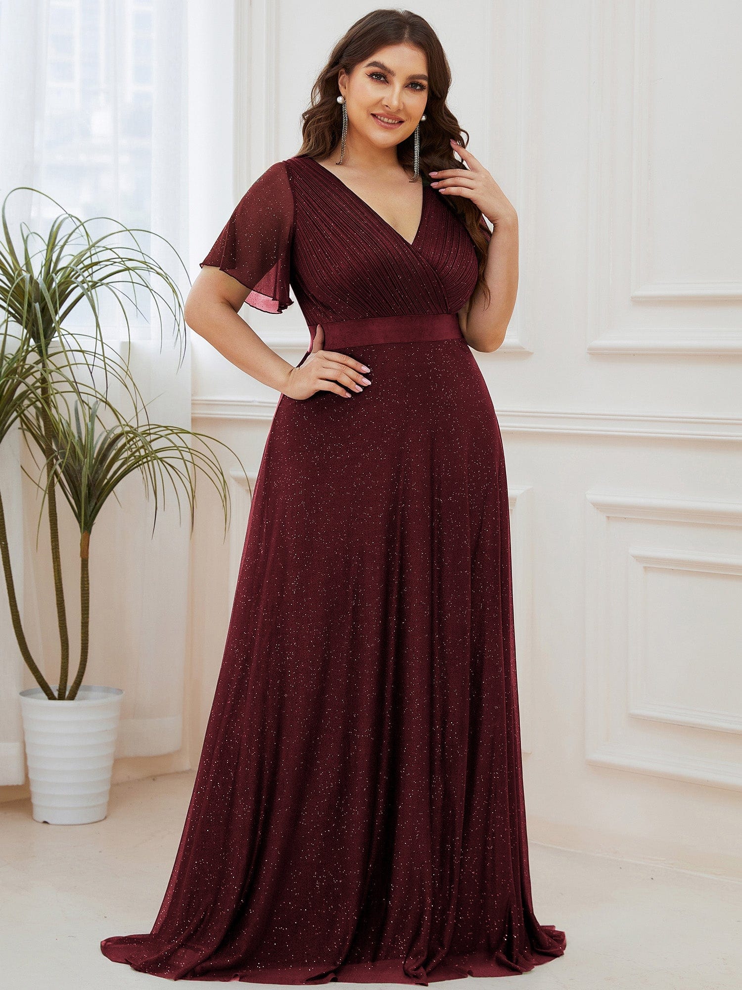 Plus Size V-Neck Satin Ribbon Waist Glitter Maxi Dress #color_Burgundy