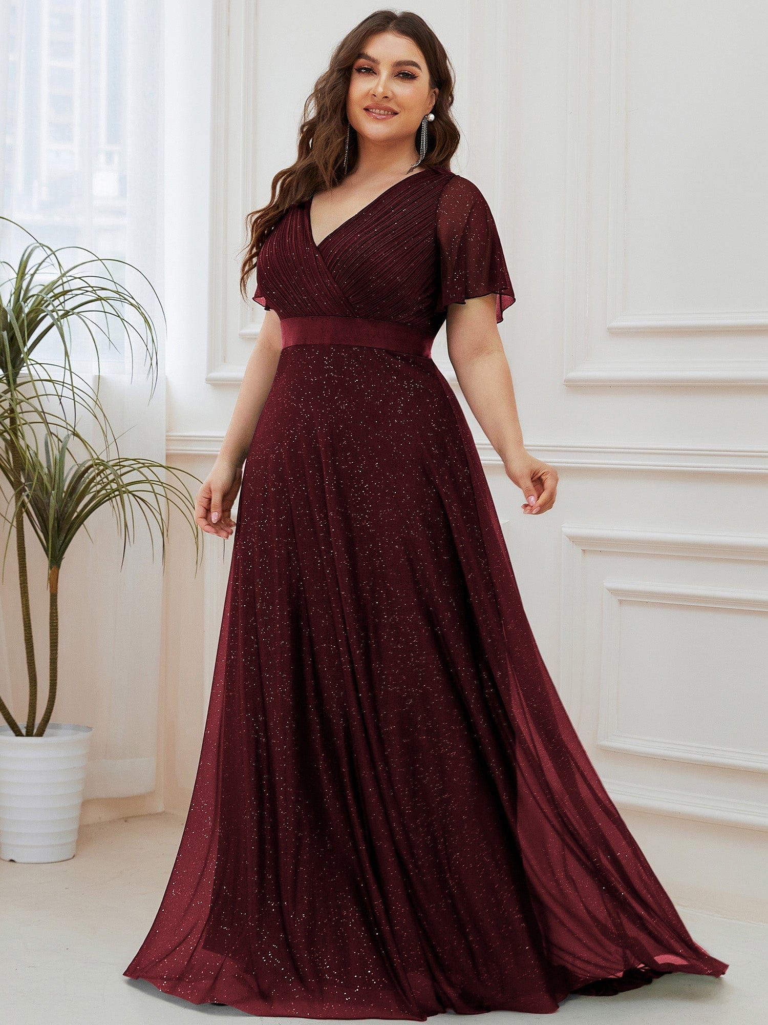 Plus Size V-Neck Satin Ribbon Waist Glitter Maxi Dress #color_Burgundy