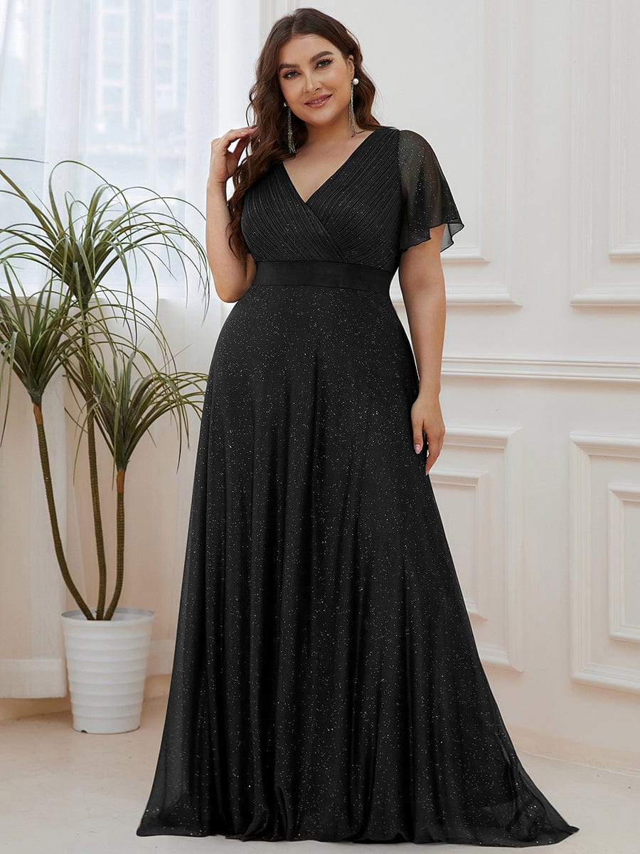 Plus Size V-Neck Satin Ribbon Waist Glitter Maxi Dress #color_Black