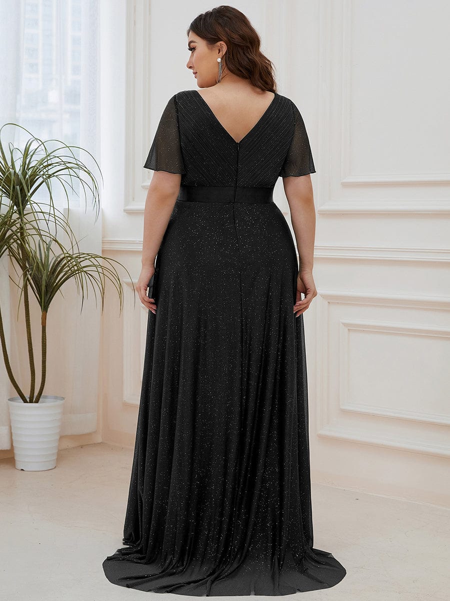 Plus Size V-Neck Satin Ribbon Waist Glitter Maxi Dress #color_Black