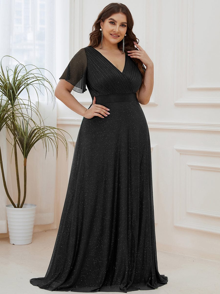 Plus Size V-Neck Satin Ribbon Waist Glitter Maxi Dress #color_Black