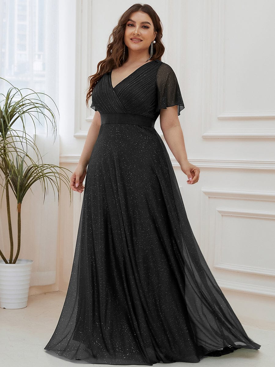 Plus Size V-Neck Satin Ribbon Waist Glitter Maxi Dress #color_Black