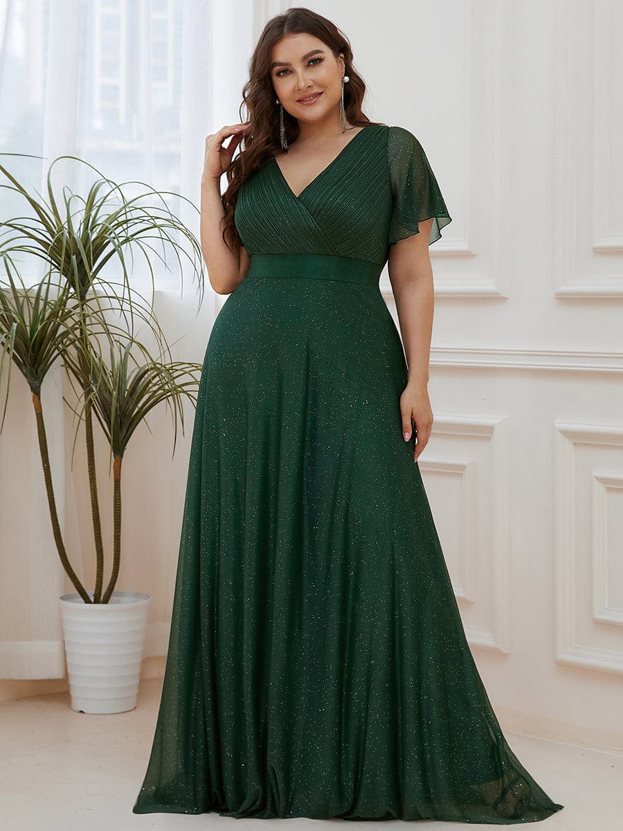 Plus Size V-Neck Satin Ribbon Waist Glitter Maxi Dress #color_Dark Green