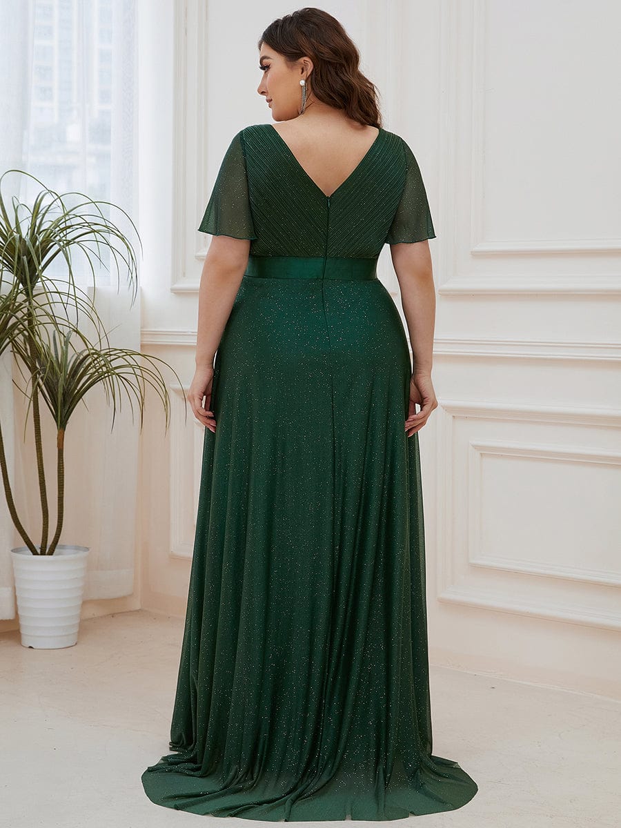 Plus Size V-Neck Satin Ribbon Waist Glitter Maxi Dress #color_Dark Green