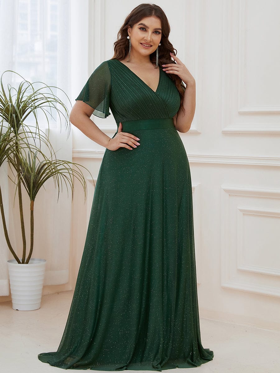 Plus Size V-Neck Satin Ribbon Waist Glitter Maxi Dress #color_Dark Green