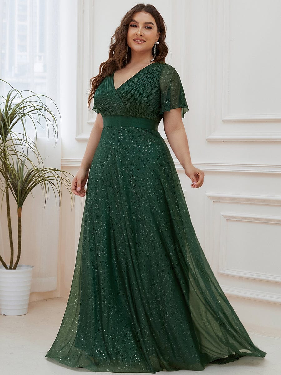 Plus Size V-Neck Satin Ribbon Waist Glitter Maxi Dress #color_Dark Green