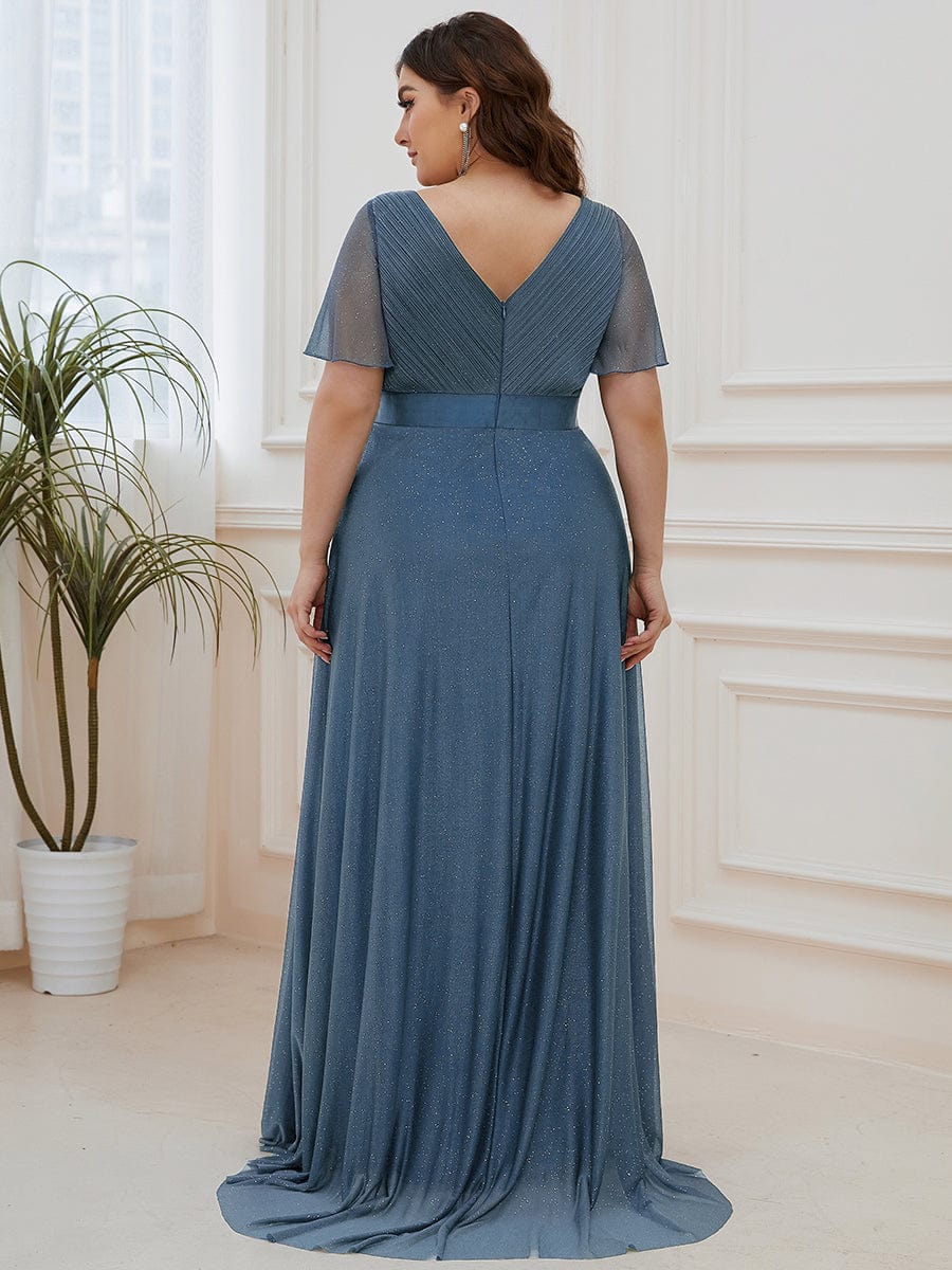 Plus Size V-Neck Satin Ribbon Waist Glitter Maxi Dress #color_Dusty Blue