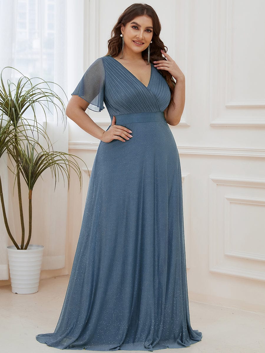 Plus Size V-Neck Satin Ribbon Waist Glitter Maxi Dress #color_Dusty Blue