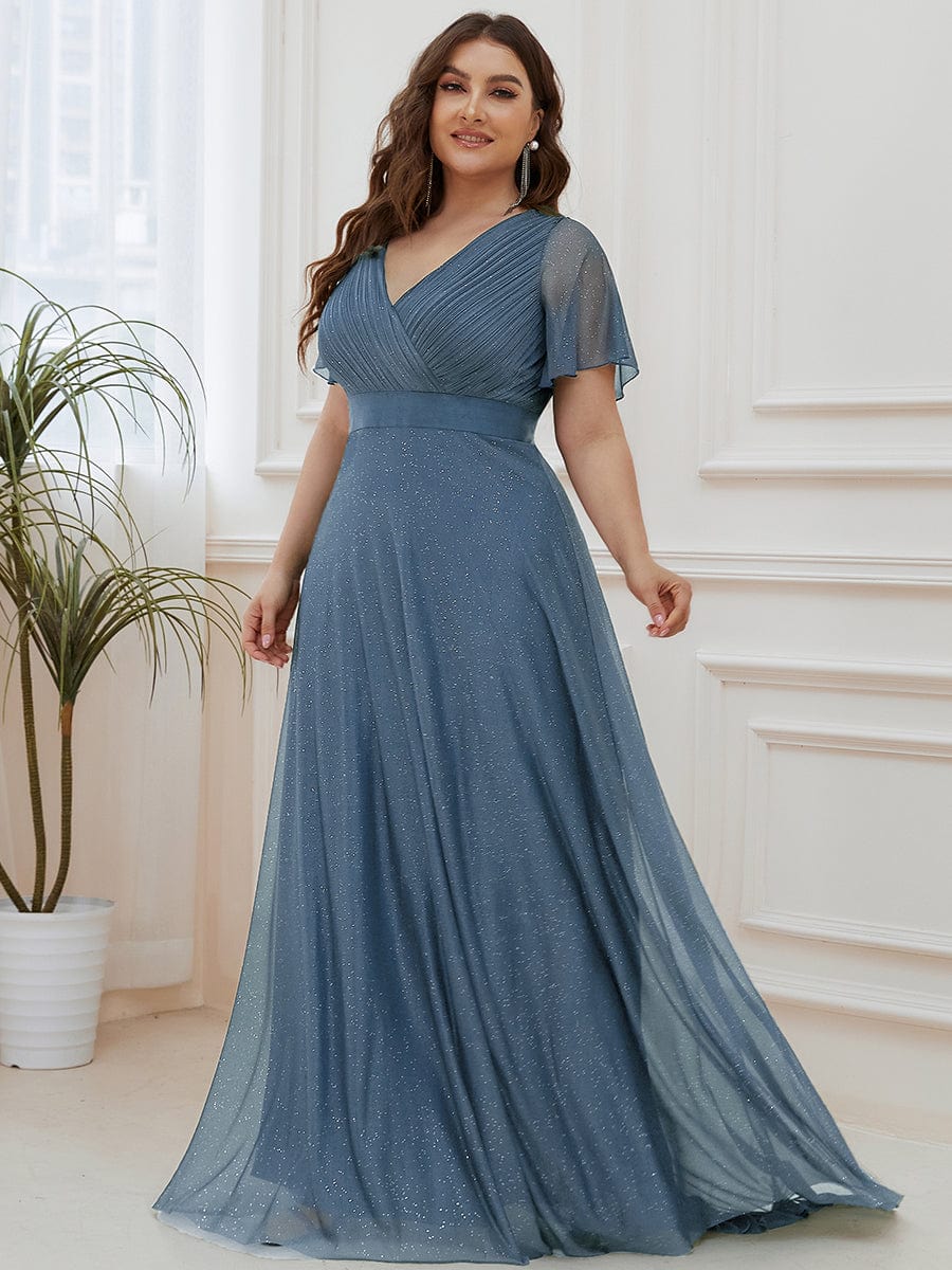 Plus Size V-Neck Satin Ribbon Waist Glitter Maxi Dress #color_Dusty Blue