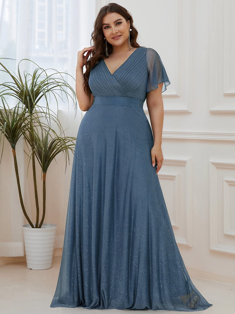 Plus Size V-Neck Satin Ribbon Waist Glitter Maxi Dress #color_Dusty Blue