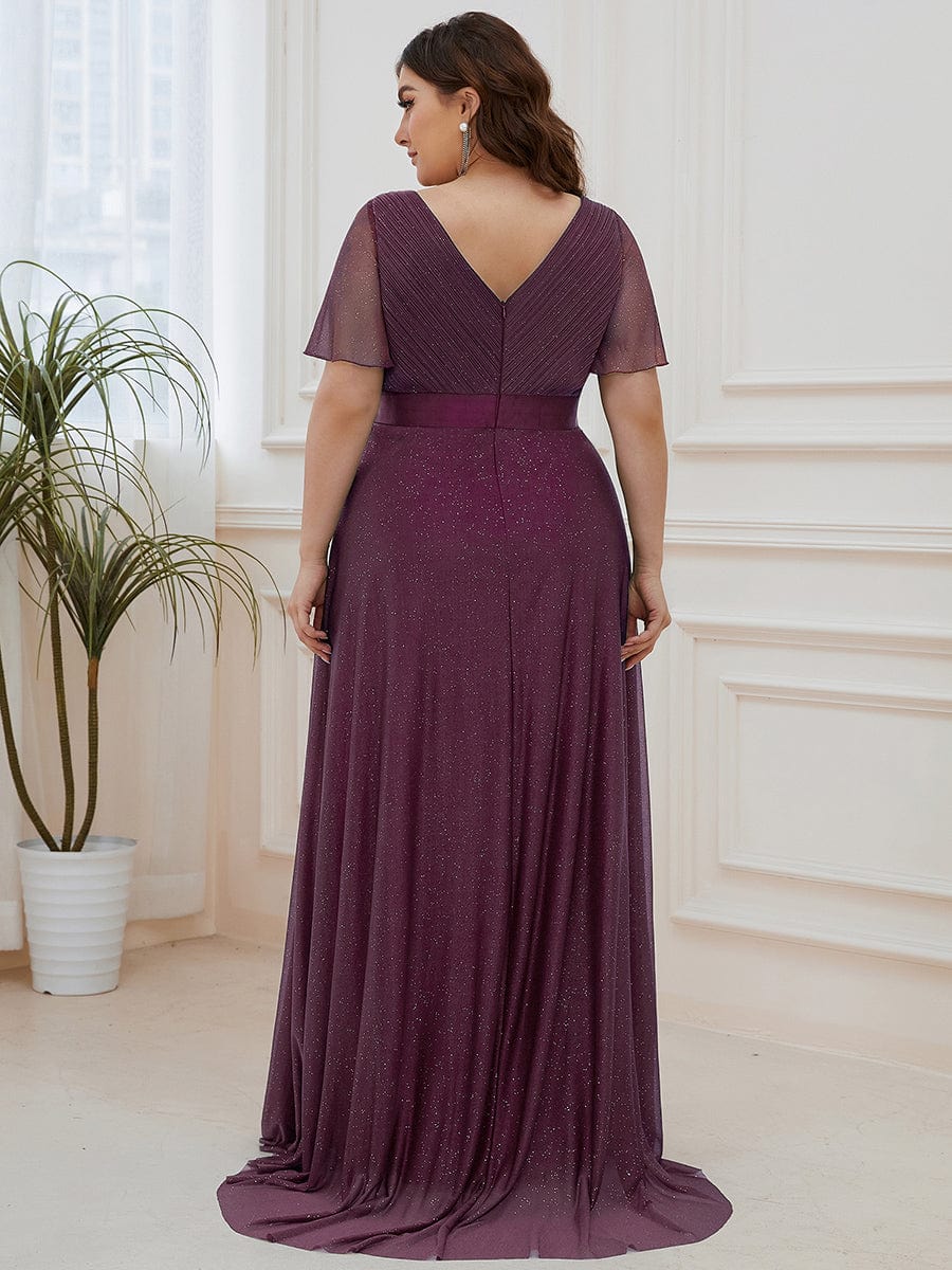 Plus Size V-Neck Satin Ribbon Waist Glitter Maxi Dress #color_Dark Purple