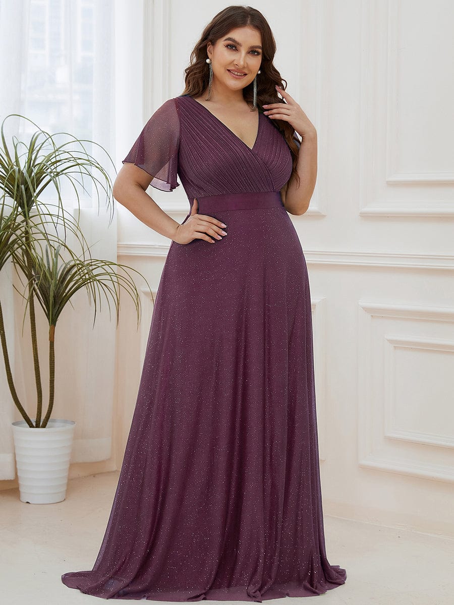 Plus Size V-Neck Satin Ribbon Waist Glitter Maxi Dress #color_Dark Purple