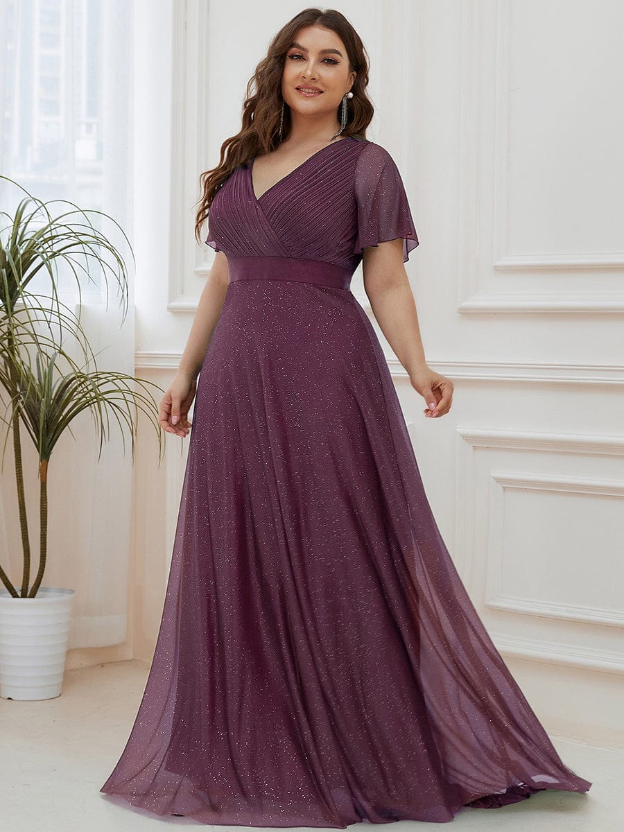 Plus Size V-Neck Satin Ribbon Waist Glitter Maxi Dress #color_Dark Purple