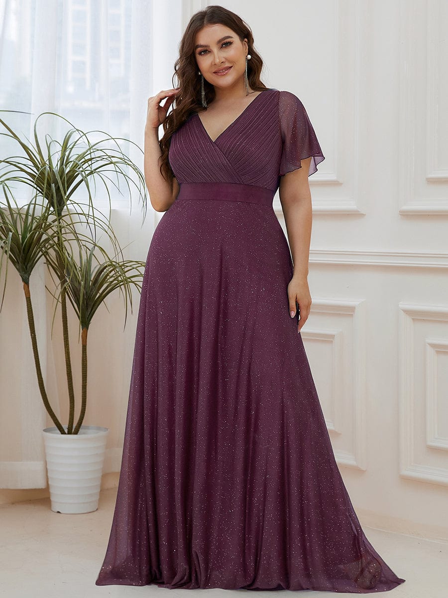 Plus Size V-Neck Satin Ribbon Waist Glitter Maxi Dress #color_Dark Purple