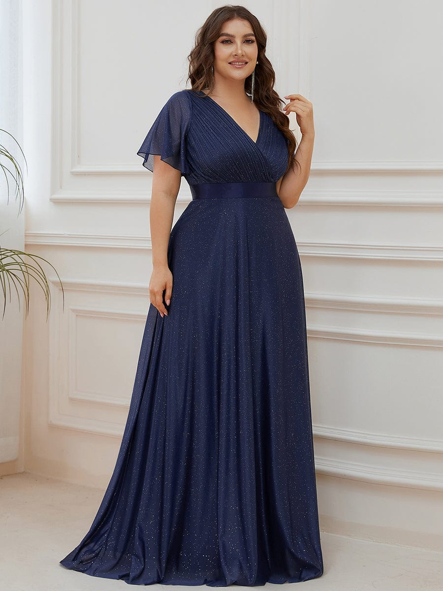 Plus Size V-Neck Satin Ribbon Waist Glitter Maxi Dress #color_Navy Blue