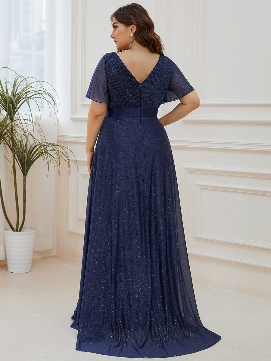 Plus Size V-Neck Satin Ribbon Waist Glitter Maxi Dress #color_Navy Blue