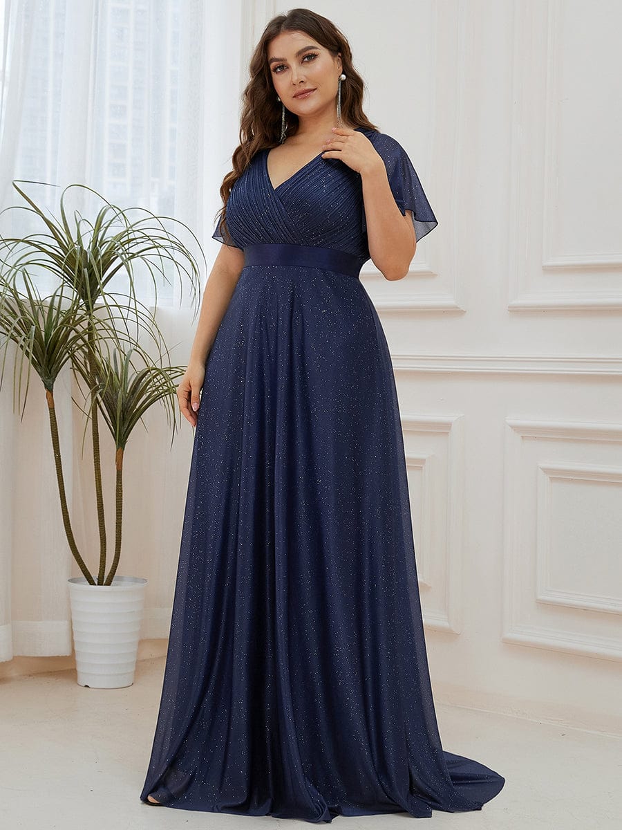 Plus Size V-Neck Satin Ribbon Waist Glitter Maxi Dress #color_Navy Blue