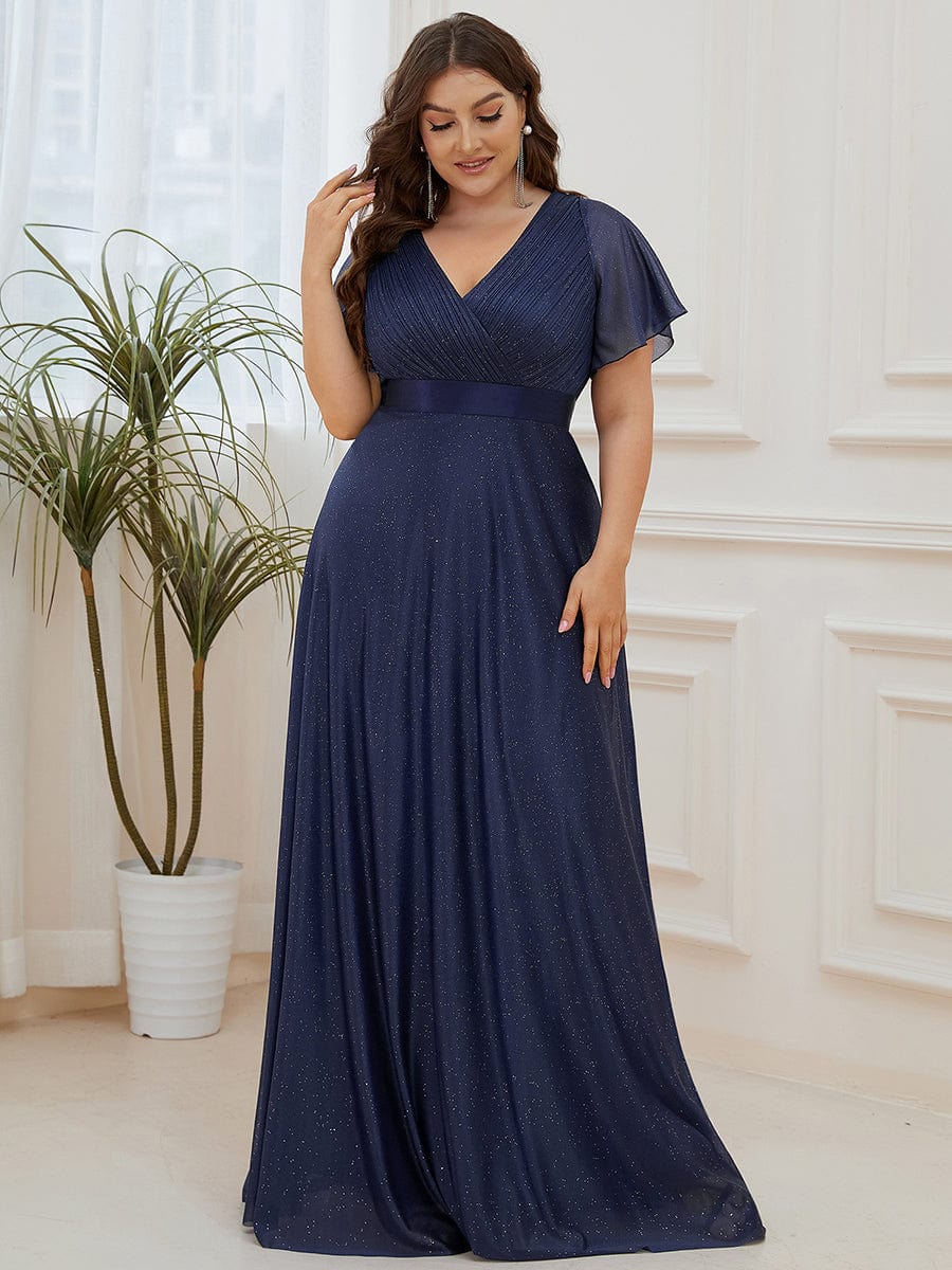 Plus Size V-Neck Satin Ribbon Waist Glitter Maxi Dress #color_Navy Blue