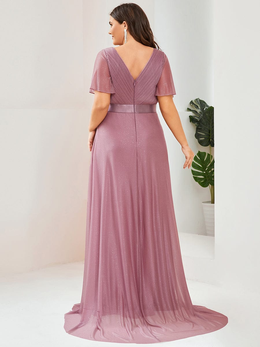 Plus Size V-Neck Satin Ribbon Waist Glitter Maxi Dress #color_Purple Orchid