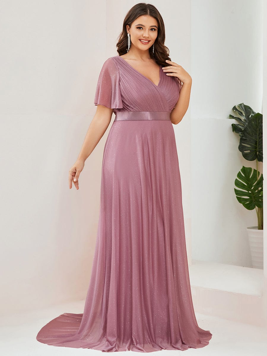 Plus Size V-Neck Satin Ribbon Waist Glitter Maxi Dress #color_Purple Orchid