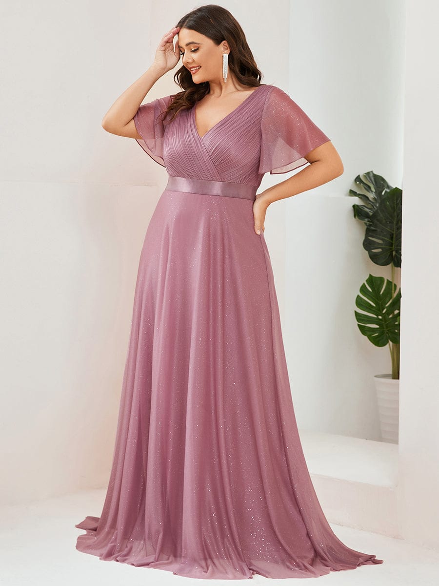 Plus Size V-Neck Satin Ribbon Waist Glitter Maxi Dress #color_Purple Orchid